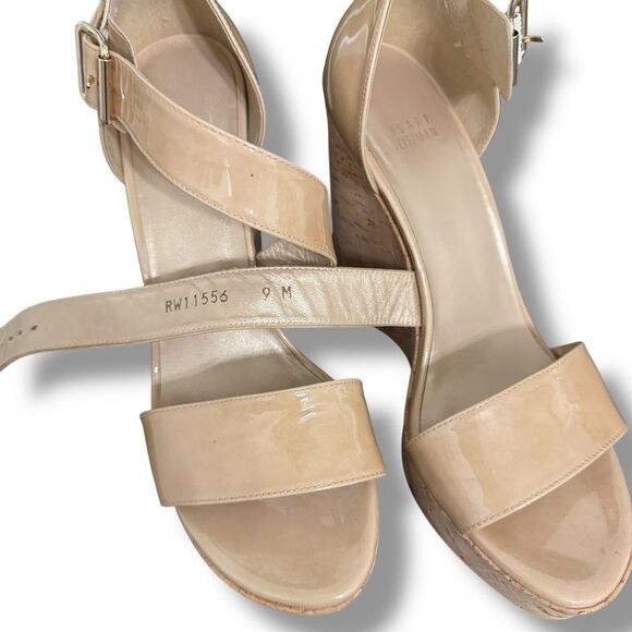 Stuart Weitzman Oneliner Patent Leather Cork Wedge Open Toe Heels Nude Size 9 - Picture 8 of 10